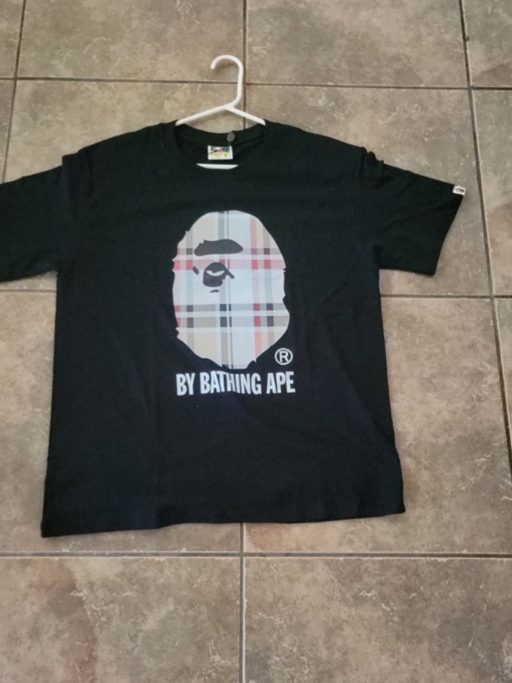Bape Black Tee with Plaid Ape Head Graphic